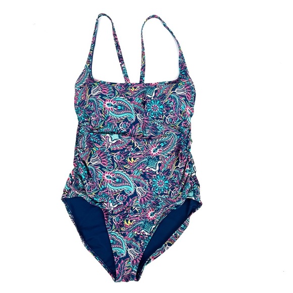 Caribbean Joe Paisley Print Side Shirred Square Neck 1 Piece Swimsuit Size 14 - Picture 4 of 10